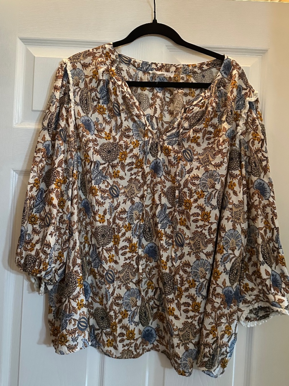 Jane and Delancey 3X Floral Boho Blouse Tunic Blue Mustard Botanical Print